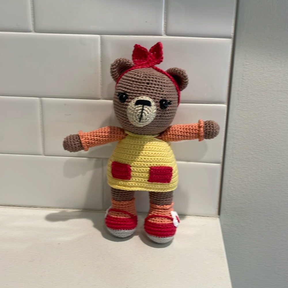 Handcrafted Brownie Bear Doll Figure in Dress Crochet Amigurumi Toy Floral Sunny